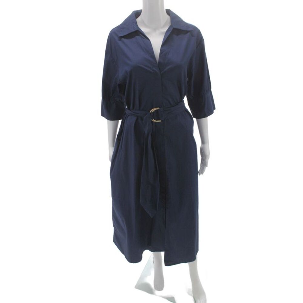 Lusana Women Shirt Dress Blue Cotton Collared Button 3/4 Sleeve Mid-Calf Size M